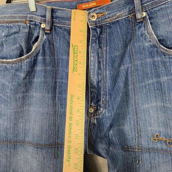 Vintage‎ Sean John Baggy wide leg Y2K Jeans mens 38x34 knee patches blue hip hop - Picture 8 of 11